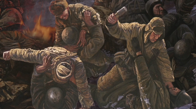 美术经典中的党史第87集孙立新创作的油画作品激战松骨峰