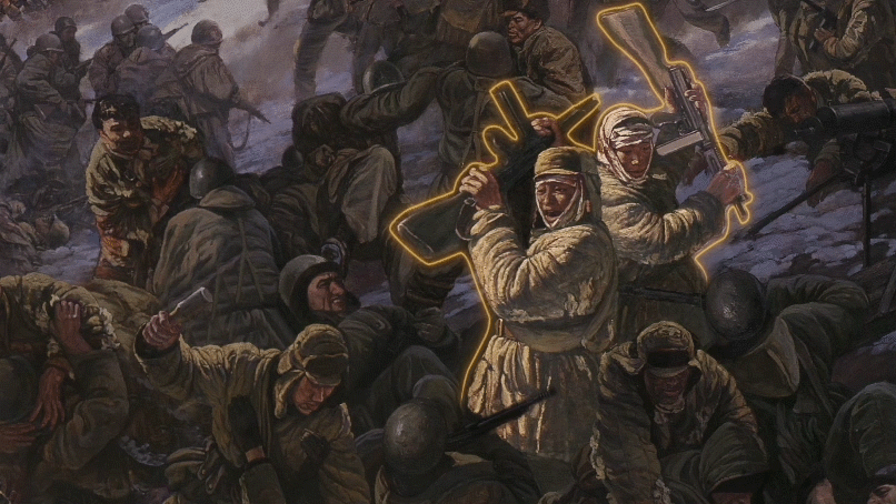 美术经典中的党史第87集孙立新创作的油画作品激战松骨峰